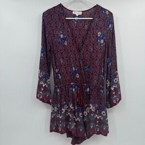 L'Atiste By Amy Romper Women Medium Red Gray Long Bell Sleeve Wrap Boho Hippie